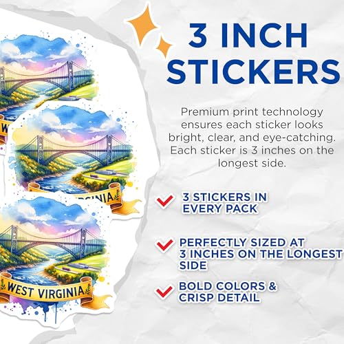 (3 Pack) West Virginia Decals - Watercolor Bridge Art - State Pride Souvenir- 3 Inches On Longest Side - Easy Peel & Apply - Made in USA - 3MCS5174