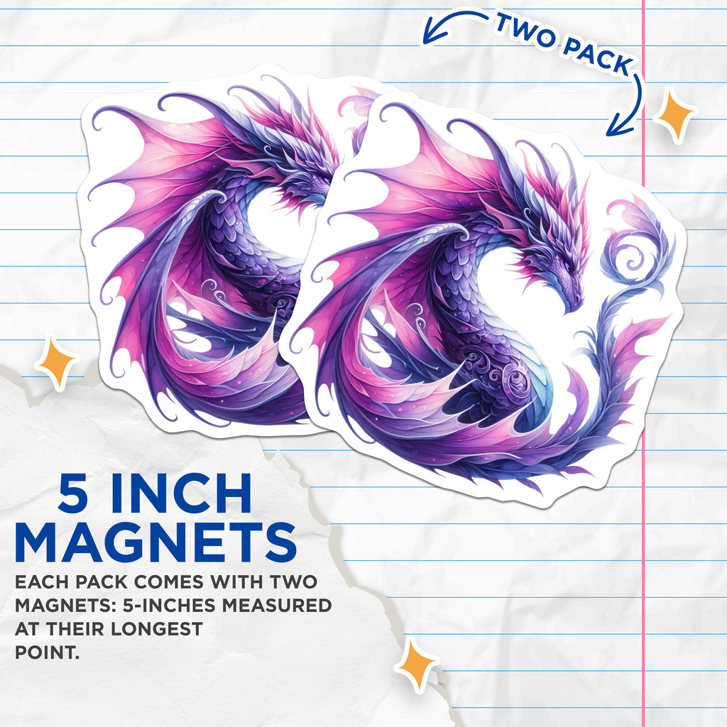 (2 Pack) Fantasy Dragon Magnets - Purple Dragon Art - Mythical Creature Decor - 5 Inches On Longest Side - Thick Durable Magnet - Made in USA - MAG36103