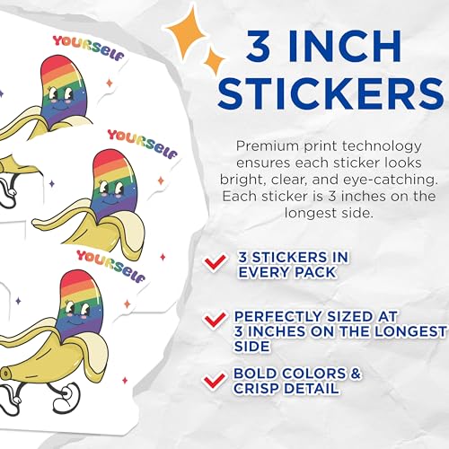 (3 Pack) Banana Rainbow Decals - Retro Fruit Pride Stickers - Laptop Decals- 3 Inches On Longest Side - Easy Peel & Apply - Made in USA - 3MCS5801