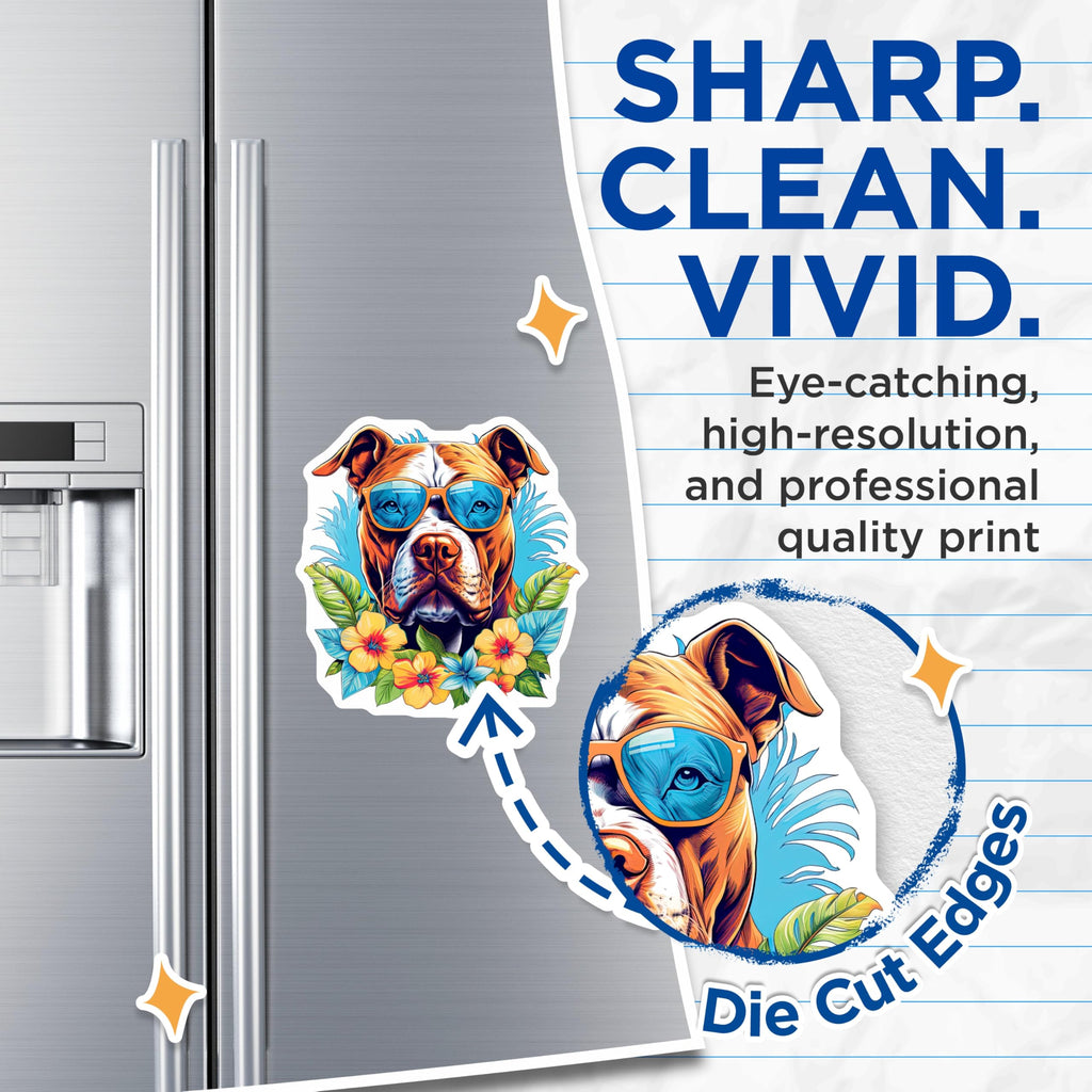 (2 Pack) Pitbull Magnets - Cool Dog Sunglasses - Tropical Summer Flowers - Pet Lover Decor - Vibrant Animal Art - 5 Inches On Longest Side - Thick Durable Magnet - Made in USA - MAG22380
