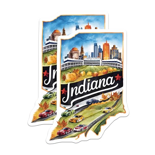 (2 Pack) Indiana Map Stickers - State Illustration - Nature and Cityscape - 5" On Longest Side - Sticks to Smooth Flat Surfaces - Made in USA - BMCS6271