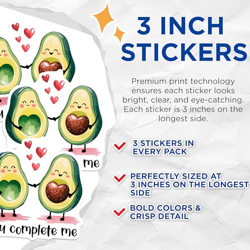 (3 Pack) Avocado Love Decals - You Complete Me - Cute Foodie Stickers - 3 Inches On Longest Side - Easy Peel & Apply - Made in USA - 3MCS7149