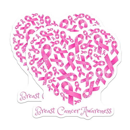 (2 Pack) Breast Cancer Awareness Stickers - Pink Ribbon Stickers - Heart Shape Stickers for Health Awareness - 5" On Longest Side - Sticks to Any Smooth Flat Surface - Made in USA - BMCS3369