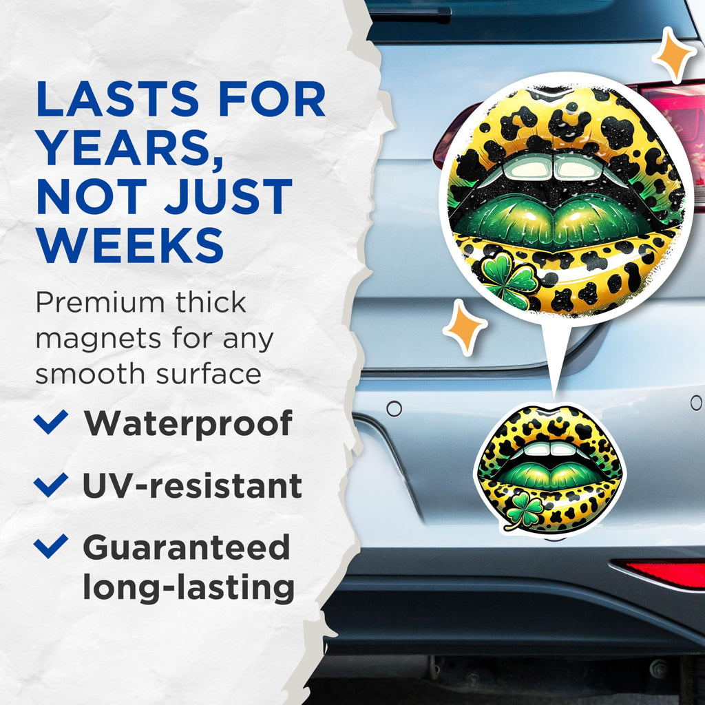 (2 Pack) Leopard Print Lips Magnets - St Patricks Day Decor - Trendy Shamrock Magnets - 5" On Longest Side - Premium Magnet - for Cars, Refrigerators, Toolboxes, Lockers - Made in USA - MAG16677