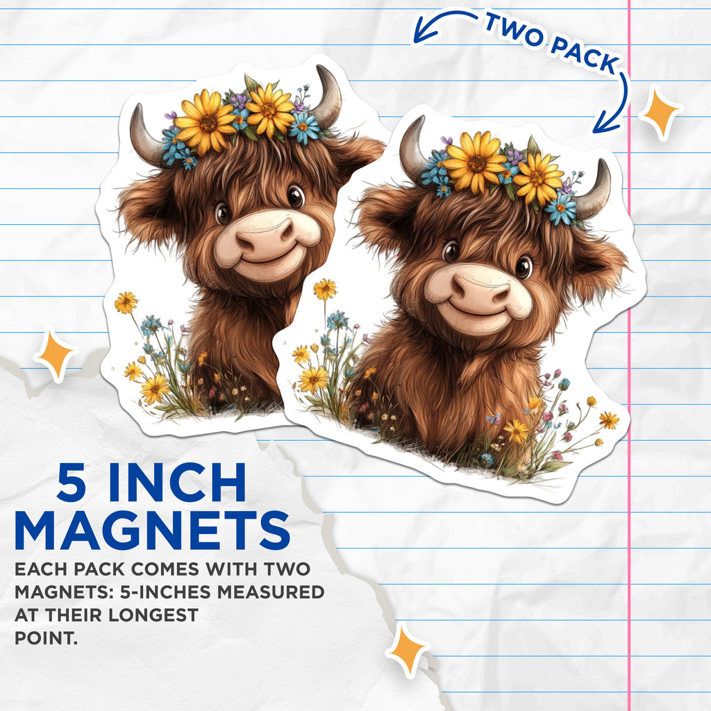 (2 Pack) Highland Cow Magnets - Flower Crown Decor - Cute Farmhouse Kitchen Fridge - Whimsical Animal Illustration - 5 Inches On Longest Side - Thick Durable Magnet - Made in USA - MAG39610