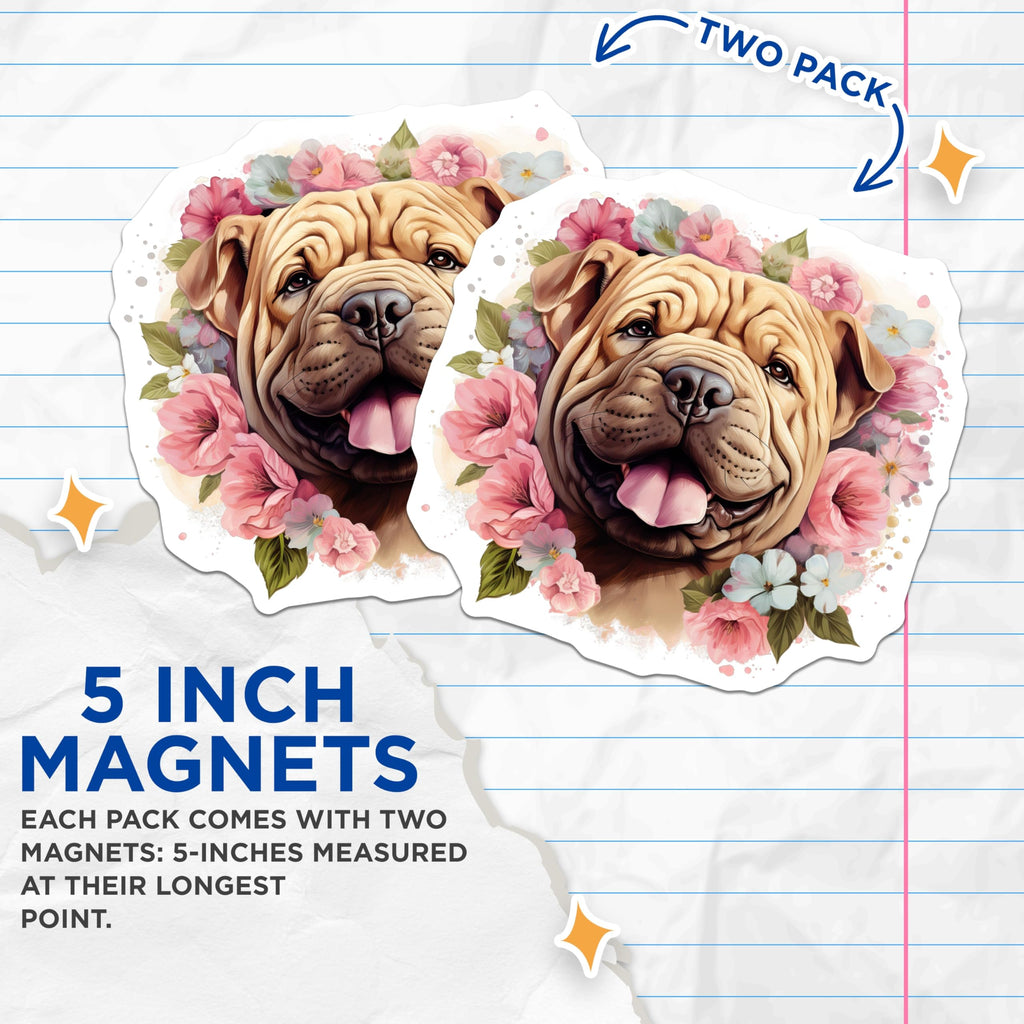 (2 Pack) Shar Pei Dog Magnets - Cute Floral Pet Lover - Dog Mom Refrigerator Decor - 5 Inches On Longest Side - Thick Durable Magnet - Made in USA - MAG27500