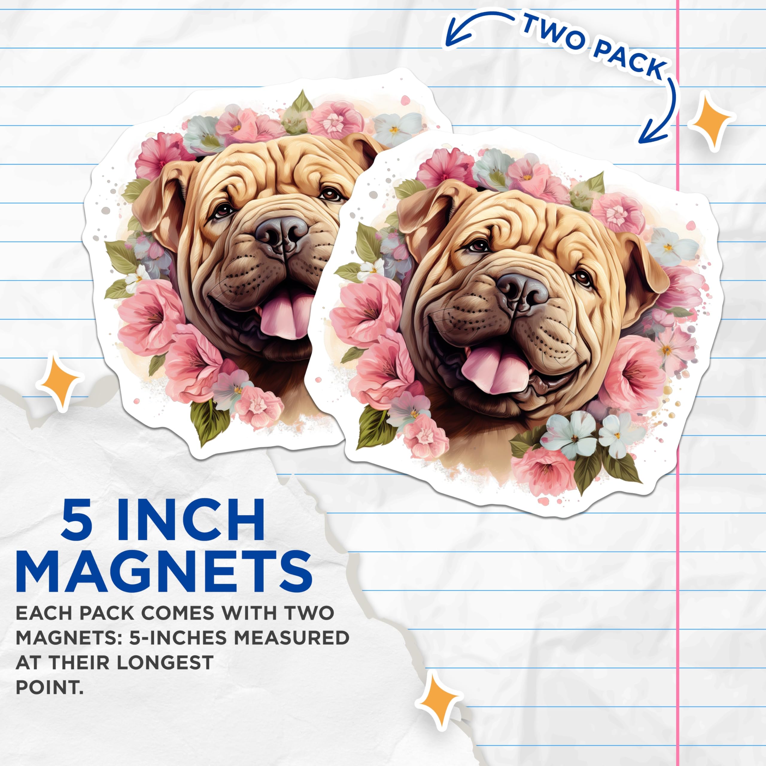 (2 Pack) Shar Pei Dog Magnets - Cute Floral Pet Lover - Dog Mom Refrigerator Decor - 5 Inches On Longest Side - Thick Durable Magnet - Made in USA - MAG27500