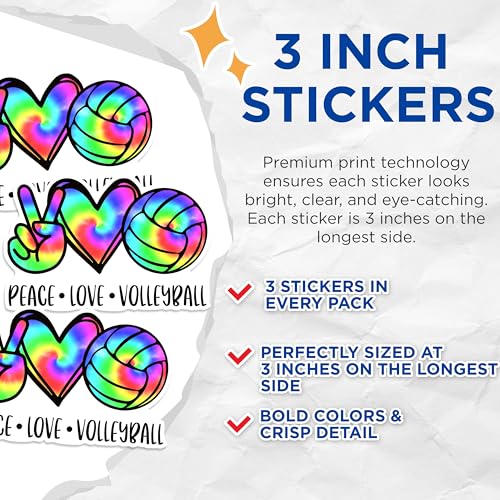 (3 Pack) Peace Love Volleyball Decals - Tie Dye Volleyball - Sports Team Decal - 3 Inches On Longest Side - Easy Peel & Apply - Made in USA - 3MCS1224