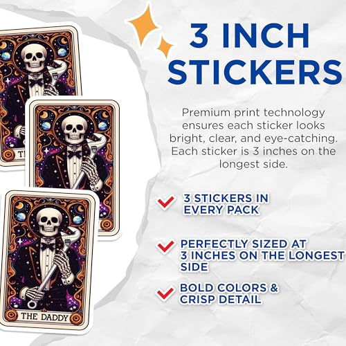 (3 Pack) The Daddy Tarot Card Decals - Skeleton Mechanic - Spooky Dad Laptop Decal - 3 Inches On Longest Side - Easy Peel & Apply - Made in USA - 3MCS4149