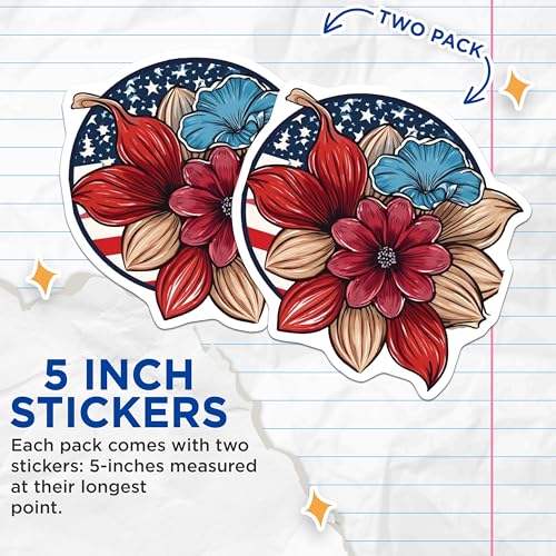 (2 Pack) Floral Patriotic Stickers - USA Flag Sticker - Vintage Flower Sticker - 5" On Longest Side - Sticks to Smooth Flat Surfaces - Made in USA - BMCS8986