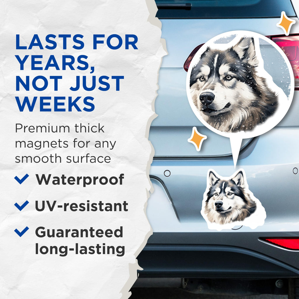 (2 Pack) Husky Dog Magnets - Siberian Husky Art - Pet Parent Refrigerator Accessory - Animal Lover Canine Decor - 5 Inches On Longest Side - Thick Durable Magnet - Made in USA - MAG28036