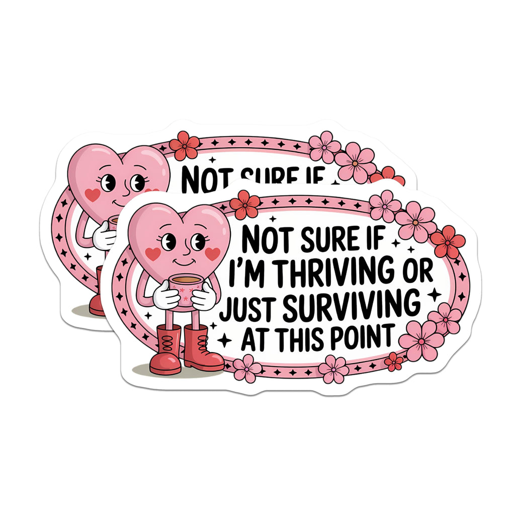 (2 Pack) Thriving Surviving Magnets - Relatable Mental Health Humor - Pink Heart Character Coffee Mug - Sarcastic Mood Decor - 5 Inches On Longest Side - Thick Durable Magnet - Made in USA - MAG23177