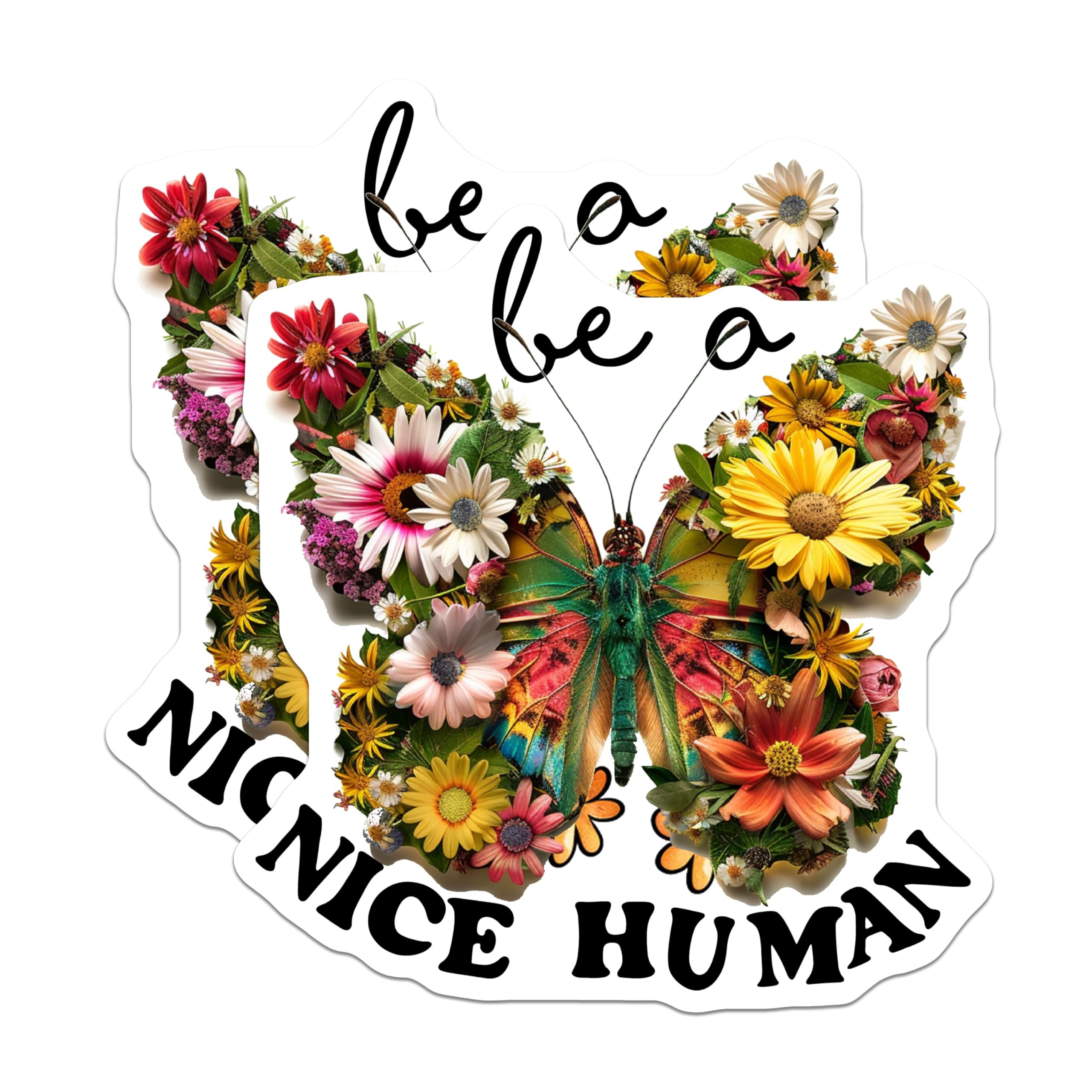 (2 Pack) Be a Nice Human Stickers - Motivational Quote Stickers - Floral Butterfly Decor Decals - 5" On Longest Side - Sticks to Smooth Flat Surfaces - Made in USA - BMCS4332