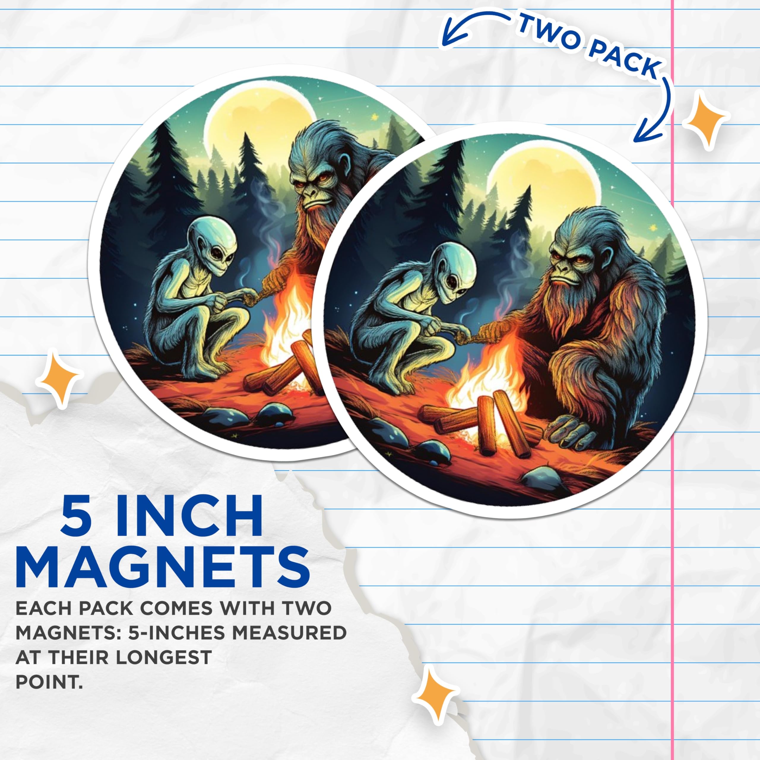 (2 Pack) Bigfoot Alien Campfire Magnets - Sasquatch Extraterrestrial Decor - Cryptid Sci-Fi Art Piece - 5 Inches On Longest Side - Thick Durable Magnet - Made in USA - MAG22269