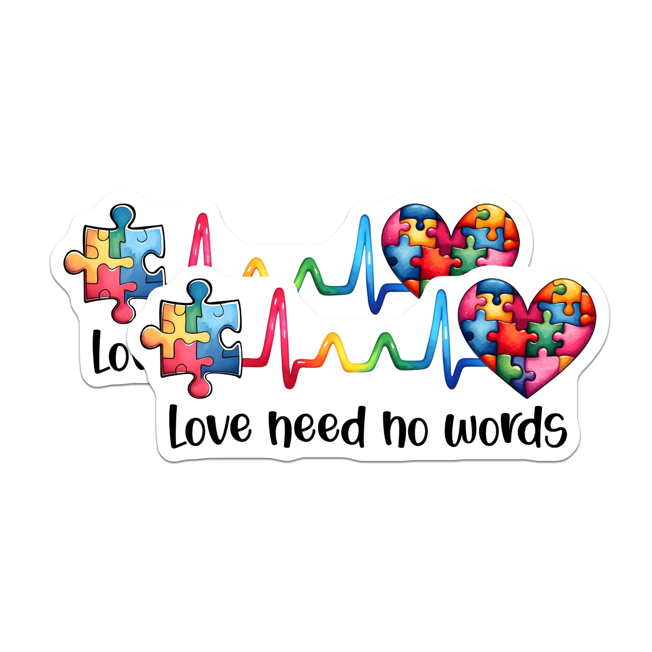 (2 Pack) Love Need No Words Stickers - Heartbeat Puzzle Stickers - Autism Awareness Stickers - 5" On Longest Side - Sticks to Any Smooth Flat Surface - Made in USA - BMCS3204