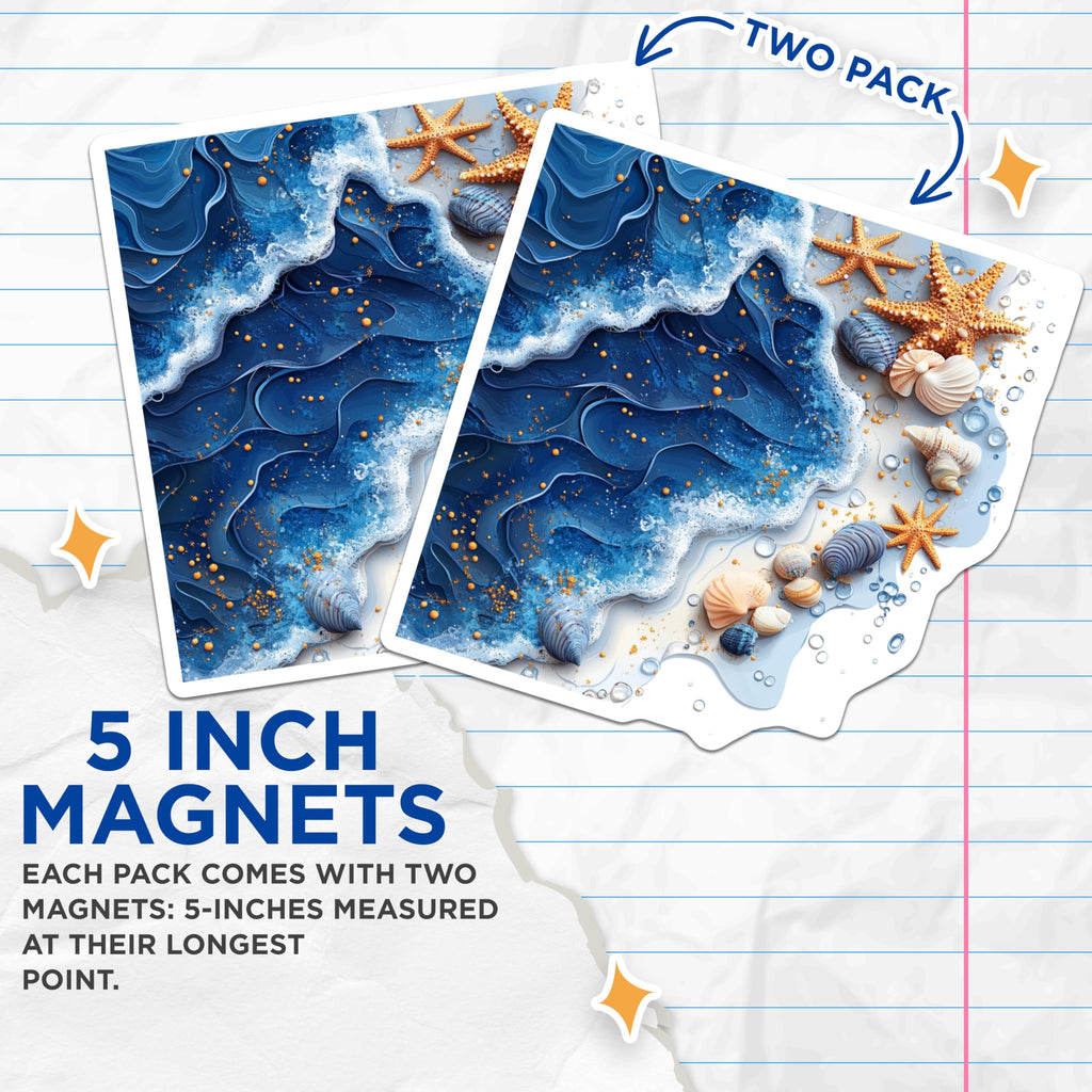 (2 Pack) Ocean Wave Magnets - Starfish Seashell Beach Decor - Coastal Home Fridge Art - 5 Inches On Longest Side - Thick Durable Magnet - Made in USA - MAG28219