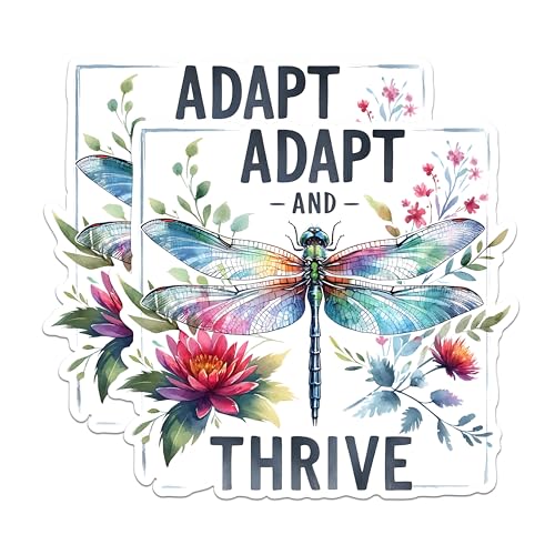 (2 Pack) Inspirational Dragonfly Stickers - Adapt and Thrive Quote Stickers - Colorful Dragonfly Art Decal - 5" On Longest Side - Sticks to Any Smooth Flat Surface - Made in USA - BMCS2696