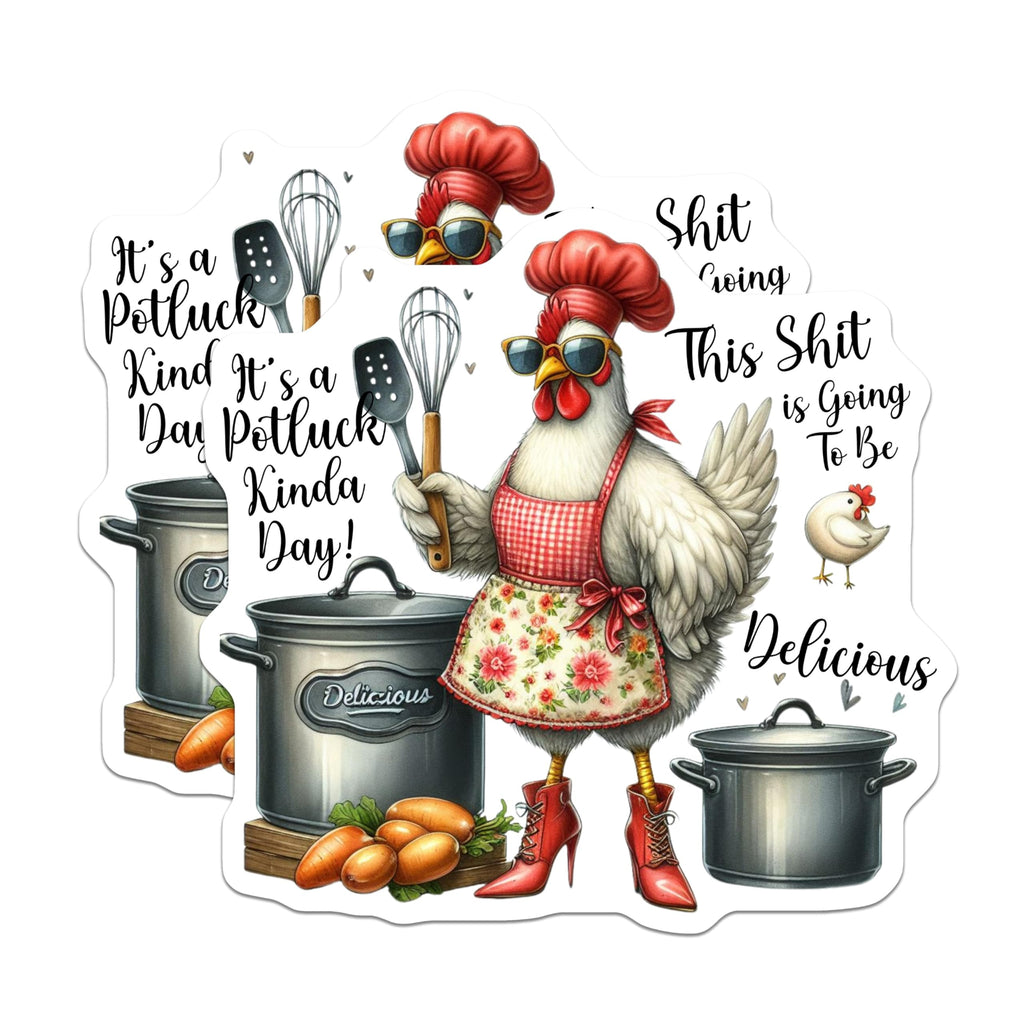 (2 Pack) Funny Chef Chicken Stickers - Quirky Potluck Stickers - Humorous Kitchen Stickers - 5" On Longest Side - Sticks to Smooth Flat Surfaces - Made in USA - BMCS4506