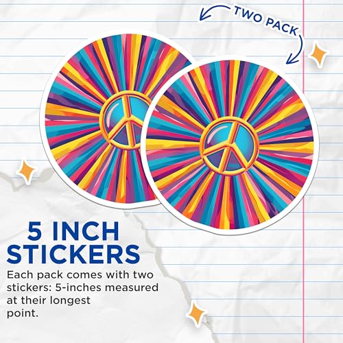 (2 Pack) Colorful Peace Sign Stickers - Retro Hippie Sticker - Vibrant Peace Symbol Decal - 5" On Longest Side - Sticks to Smooth Flat Surfaces - Made in USA - BMCS8870
