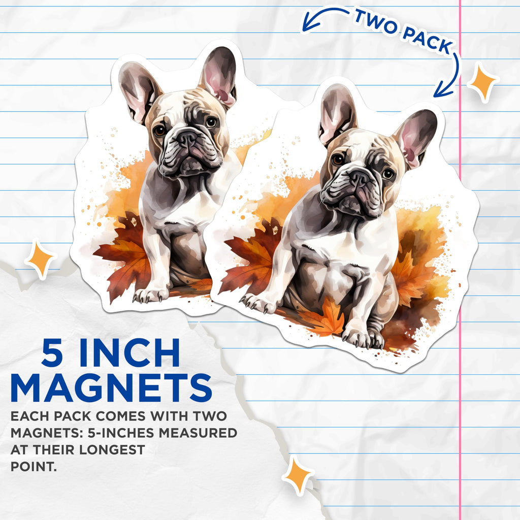 (2 Pack) French Bulldog Fall Magnets - Dog Lover Decor - Autumn Animal Art - 5 Inches On Longest Side - Thick Durable Magnet - Made in USA - MAG30289