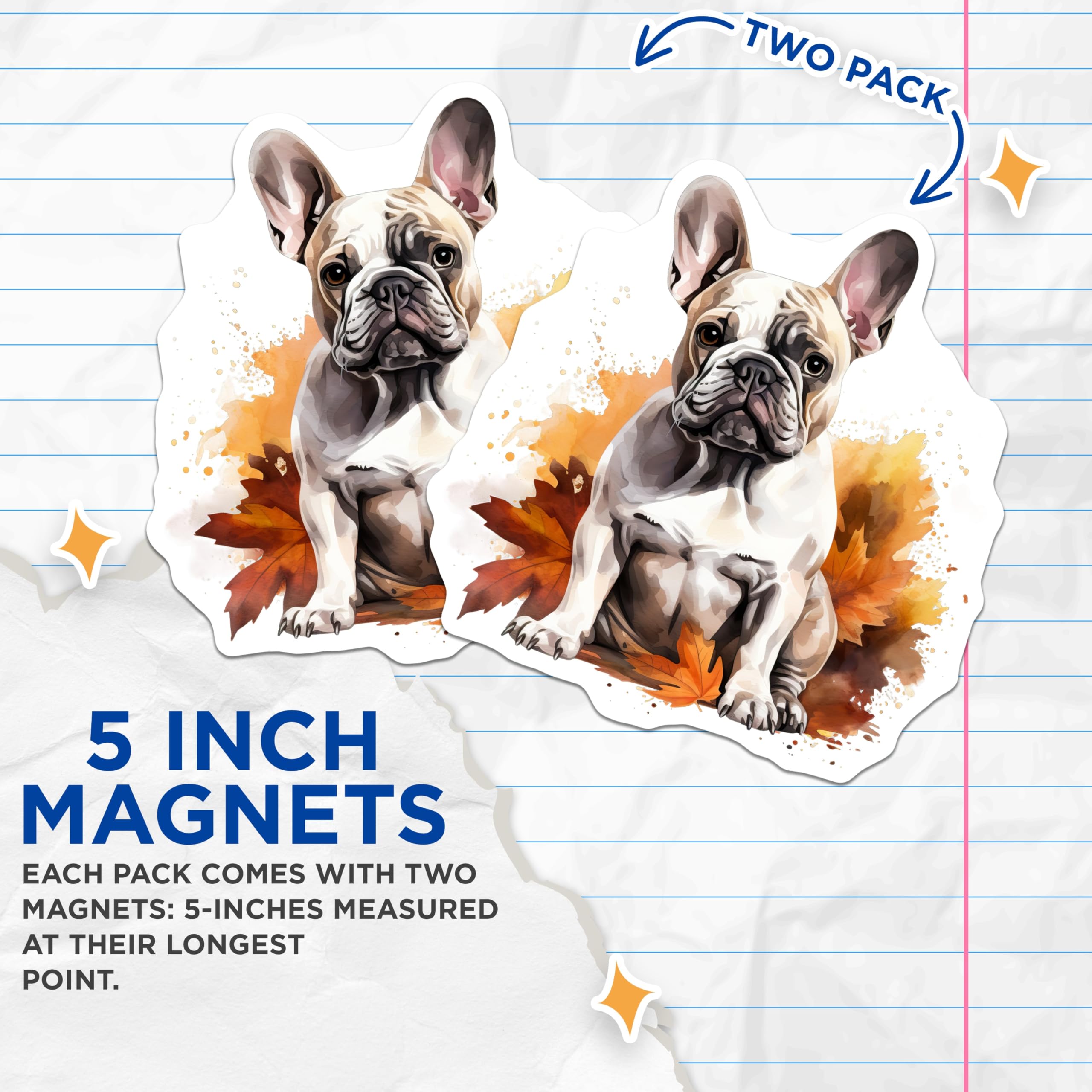(2 Pack) French Bulldog Fall Magnets - Dog Lover Decor - Autumn Animal Art - 5 Inches On Longest Side - Thick Durable Magnet - Made in USA - MAG30289