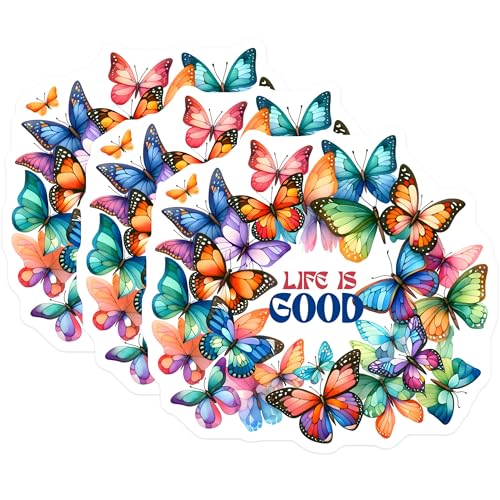 (3 Pack) Butterfly Decals - Life is Good Decal - Colorful Butterflies Decals - 3 Inches On Longest Side - Easy Peel & Apply - Made in USA - 3MCS0069