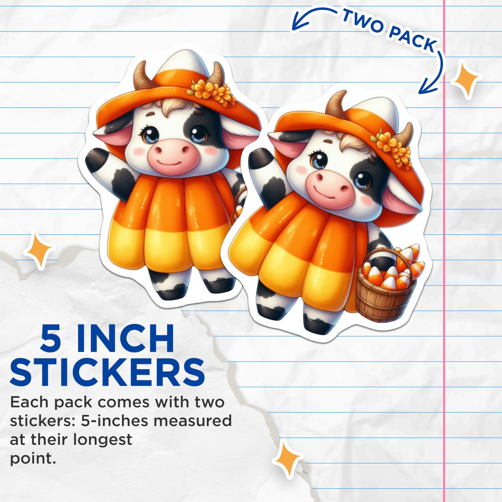 (2 Pack) Halloween Cow Stickers - Candy Corn Costume - Autumn Stickers - 5" On Longest Side - Sticks to Smooth Flat Surfaces - Made in USA - BMCS11894