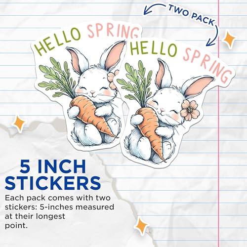 (2 Pack) Hello Spring Bunny Stickers - Cute Animal - Seasonal Decorative - 5" On Longest Side - Sticks to Smooth Flat Surfaces - Made in USA - BMCS8005