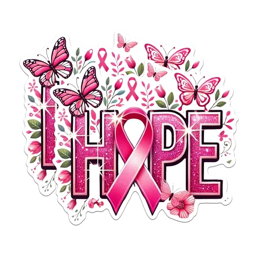 (2 Packs) Hope Pink Ribbon Breast Cancer Awareness Stickers - Pink Ribbon Decals - 5 Inches On Longest Side - Premium Vinyl Decal - Sticks to Any Smooth Flat Surface - Made in USA - BMCS2454