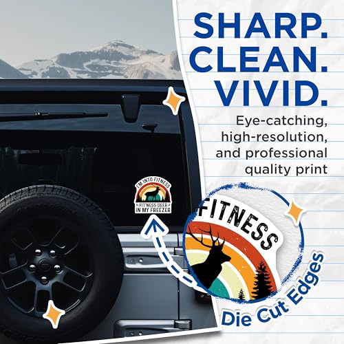 (2 Pack) Fitness Deer Sticker - Funny Deer Hunting Sticker - Outdoor Adventure Decal Sticker - 5" On Longest Side - Sticks to Smooth Flat Surfaces - Made in USA - BMCS5104
