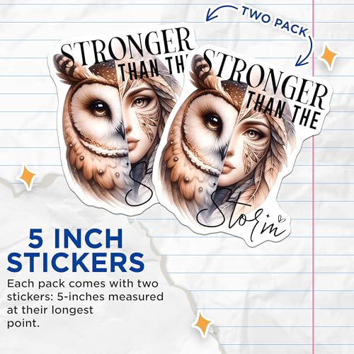 (2 Pack) Owl and Woman Art Stickers - Stronger Than The Storm - 5" On Longest Side - Sticks to Smooth Flat Surfaces - Made in USA - BMCS9244 - BMCS9244