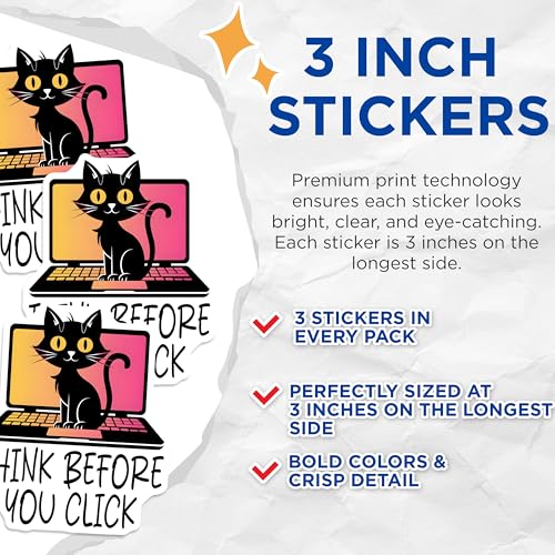 (3 Pack) Black Cat Decals - Laptop Decals - Think Before You Click - 3 Inches On Longest Side - Easy Peel & Apply - Made in USA - 3MCS6198