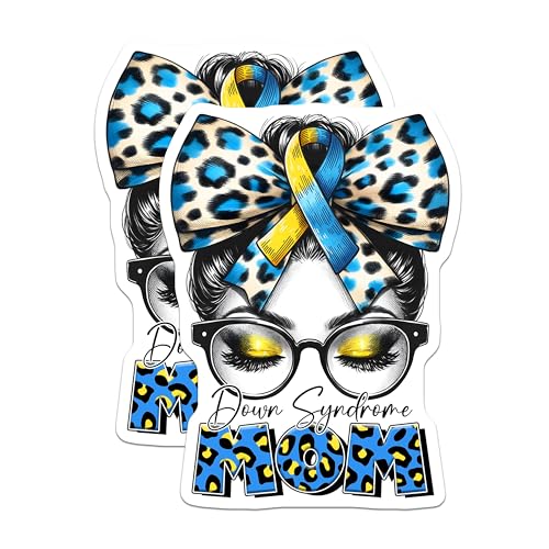 (2 Pack) Down Syndrome Mom Stickers - Awareness Decal - Leopard Print Design - 5" On Longest Side - Sticks to Smooth Flat Surfaces - Made in USA - BMCS8195