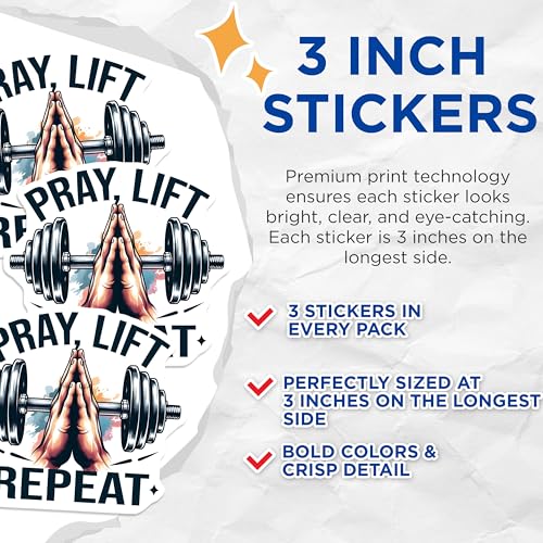 (3 Pack) Pray Lift Repeat Decals - Fitness Motivation - Gym Lover Decal - 3 Inches On Longest Side - Easy Peel & Apply - Made in USA - 3MCS8412