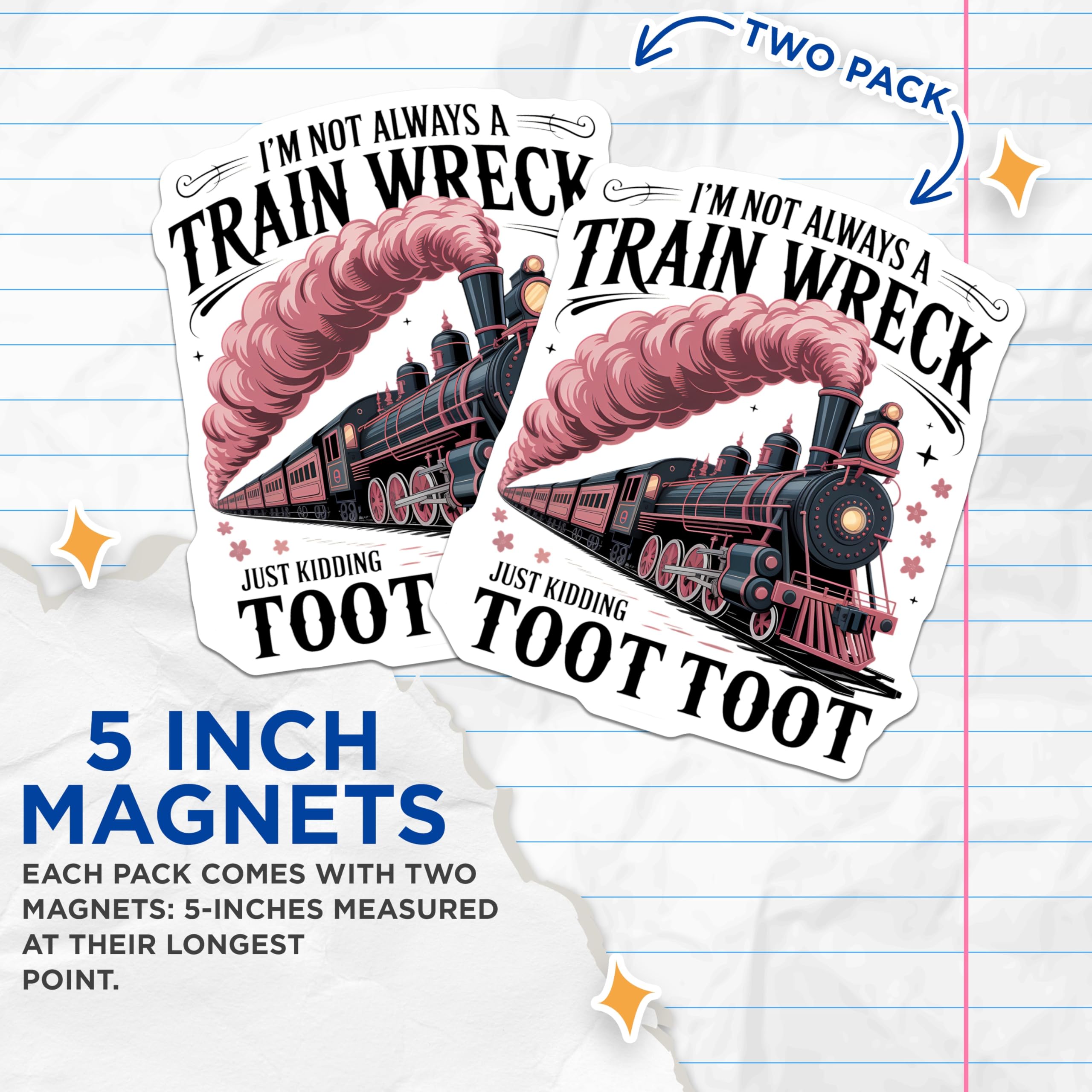 (2 Pack) Funny Train Wreck Magnets for Fridge - Steam Locomotive Toot Toot Art - Humorous Railway Engine Decor - 5 Inches On Longest Side - Thick Durable Magnet - Made in USA - MAG22659
