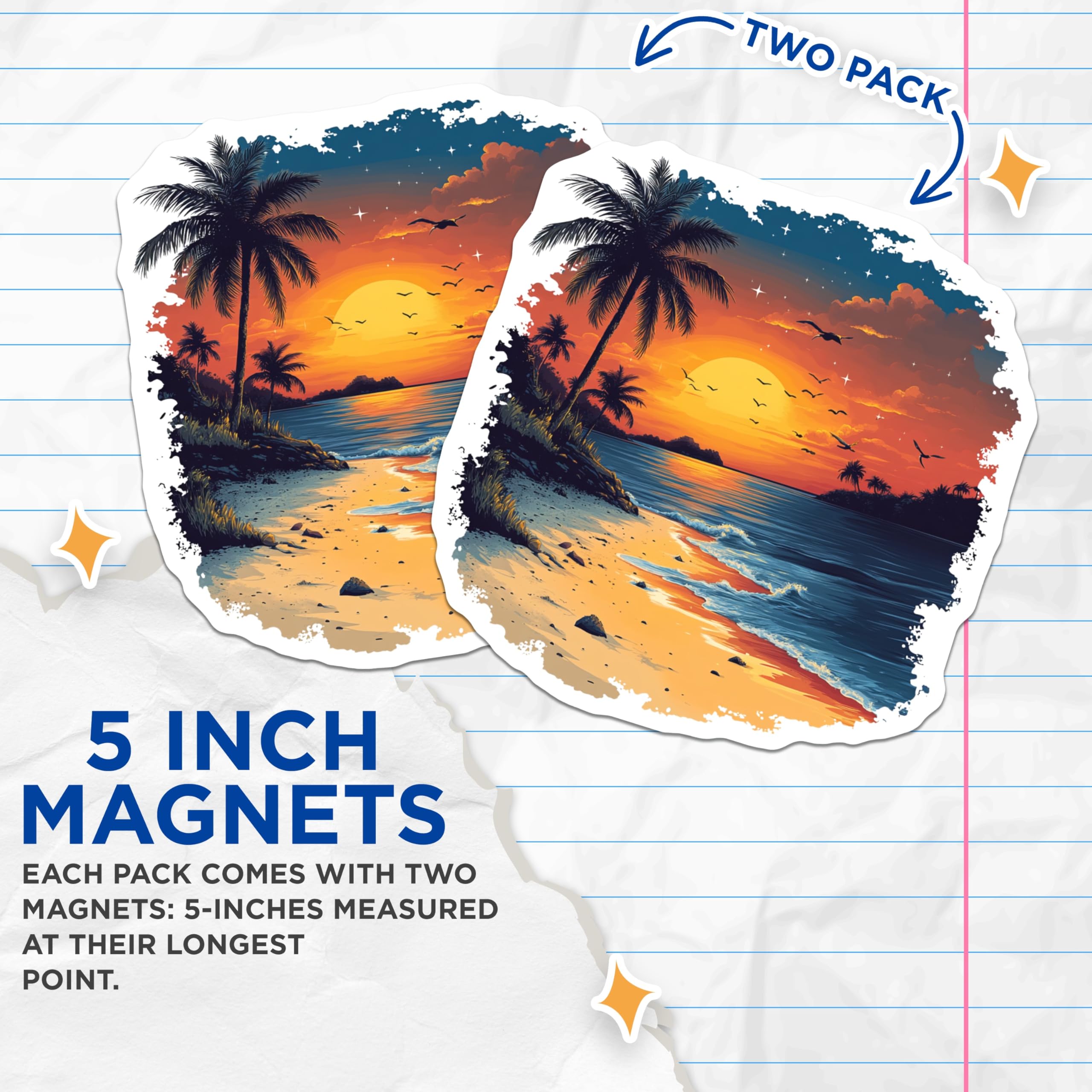 (2 Pack) Tropical Sunset Magnets - Beach Landscape - Palm Tree Ocean Refrigerator Decor - 5 Inches On Longest Side - Thick Durable Magnet - Made in USA - MAG30747