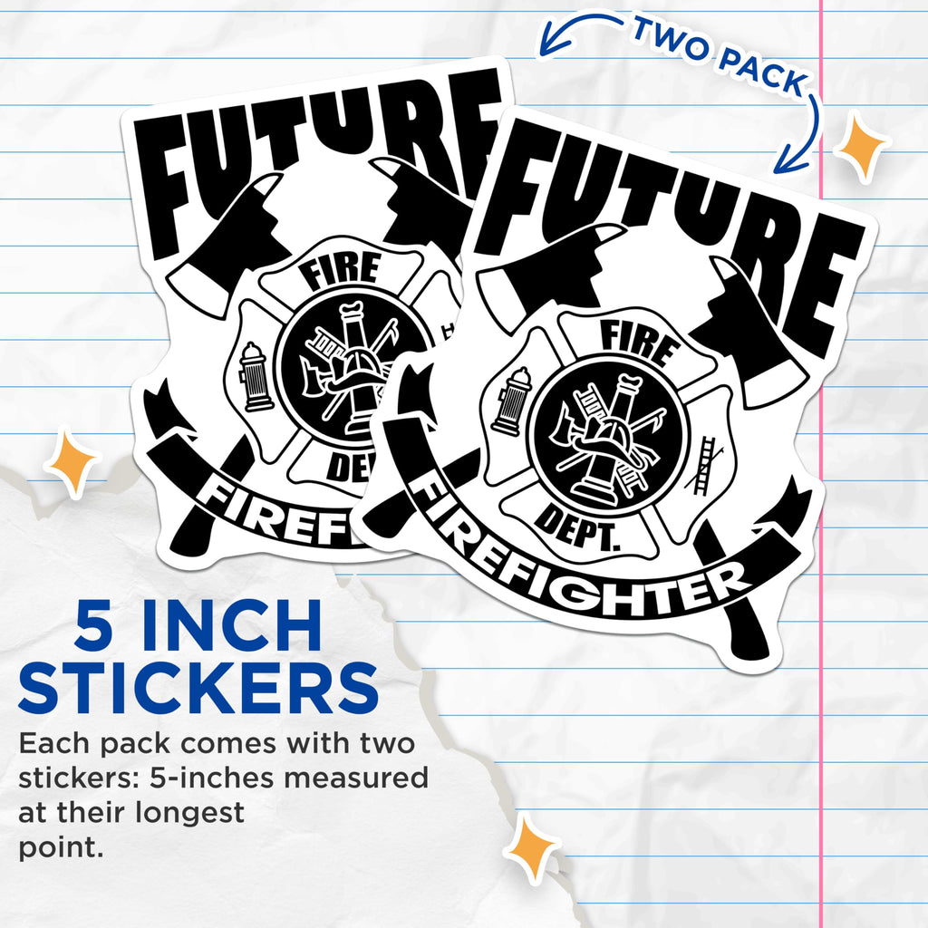 (2 Pack) Future Firefighter Stickers - Fire Department Decal - Kids Firefighter Badge Sticker - 5" On Longest Side - Sticks to Smooth Flat Surfaces - Made in USA - BMCS8798
