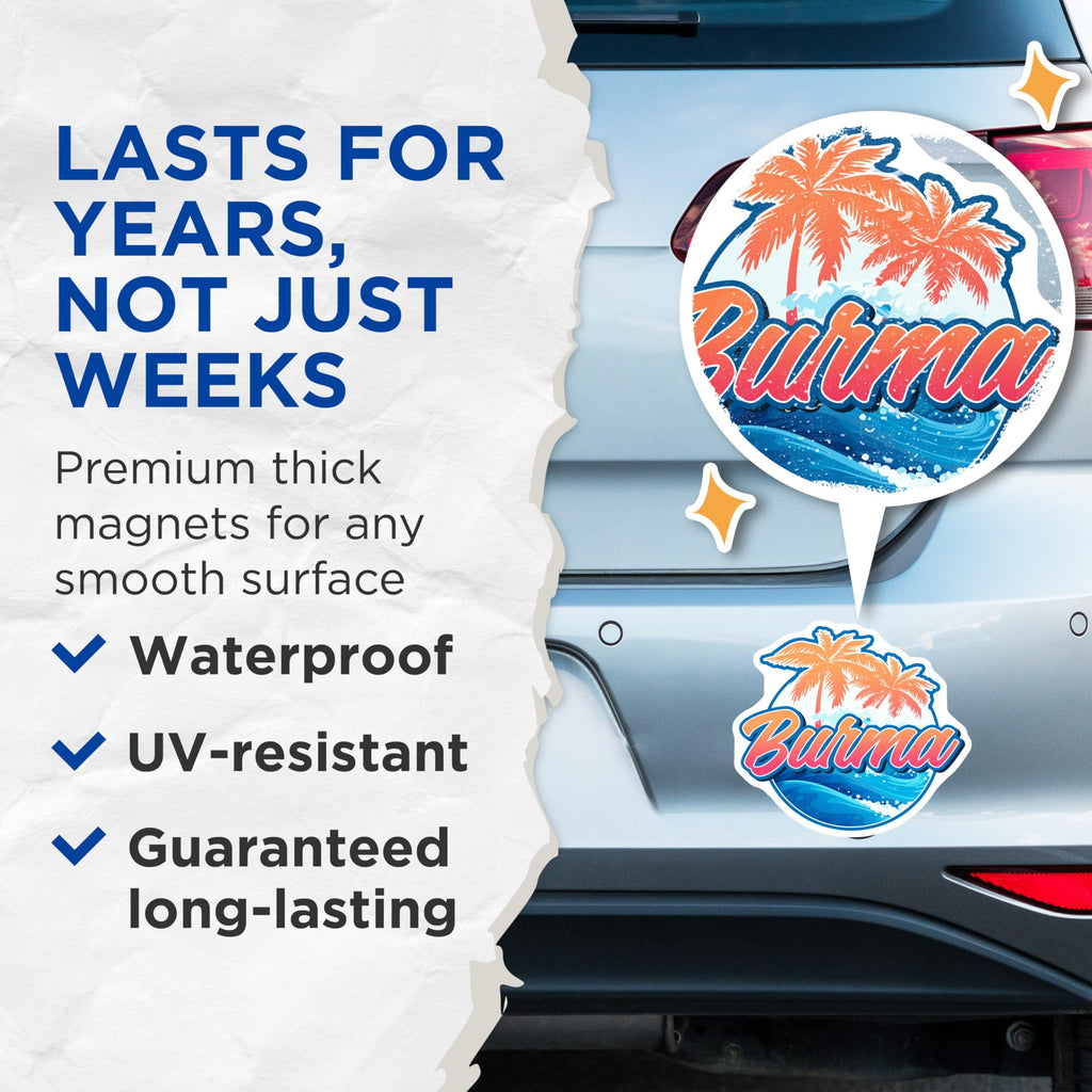(2 Pack) Burma Magnets - Tropical Travel Souvenir - Retro Ocean Wave Fridge Decor - 5" On Longest Side - Premium Magnet - for Cars, Refrigerators, Toolboxes, Lockers - Made in USA - MAG18882