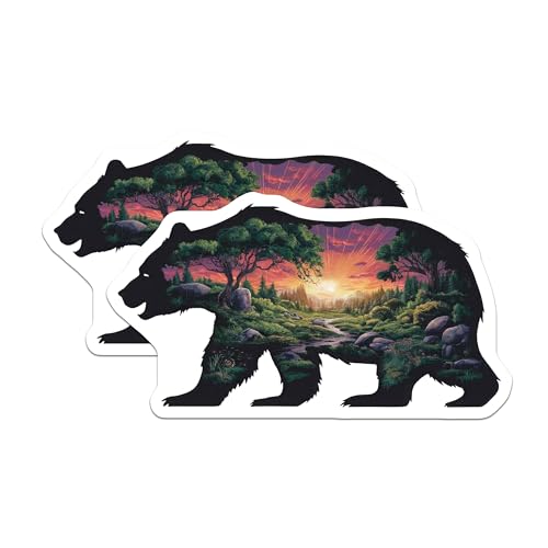 (2 Pack) Bear Forest Landscape Stickers - Nature Art Decals - Wildlife Scenery Stickers - 5" On Longest Side - Sticks to Smooth Flat Surfaces - Made in USA - BMCS6415