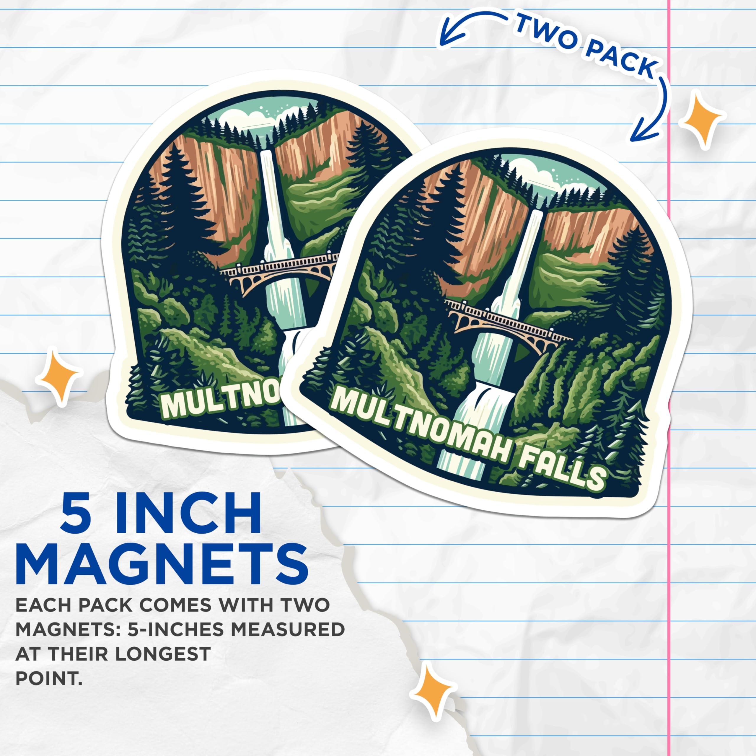 (2 Pack) Multnomah Falls Magnets - Oregon Waterfall Scenic - PNW Travel Souvenir - 5 Inches On Longest Side - Thick Durable Magnet - Made in USA - MAG19619