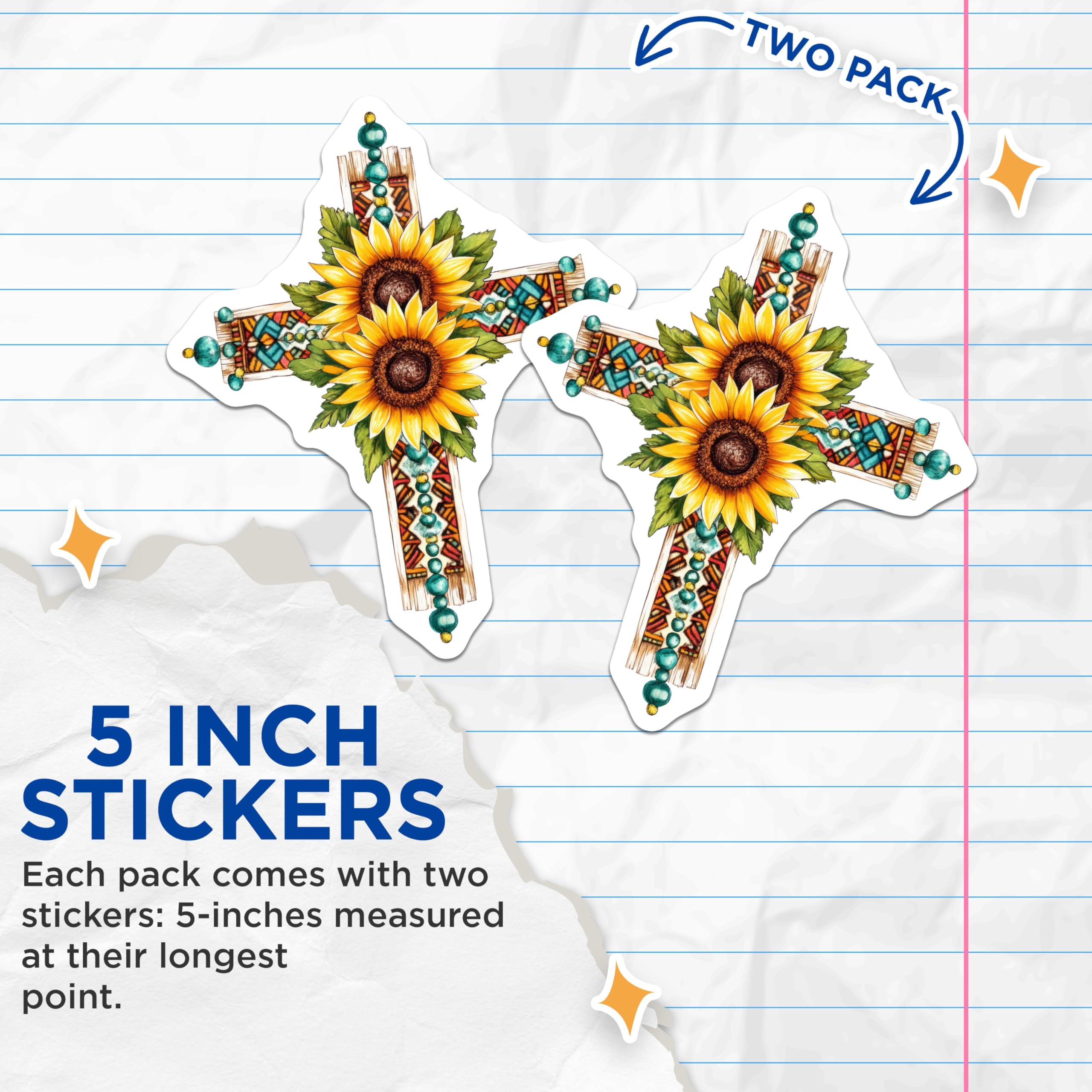 (2 Pack) Floral Cross Stickers - Sunflower Design - Inspirational Art Decals for Journals Planners and Scrapbooks - 5" On Longest Side - Sticks to Smooth Flat Surfaces - Made in USA - BMCS8738