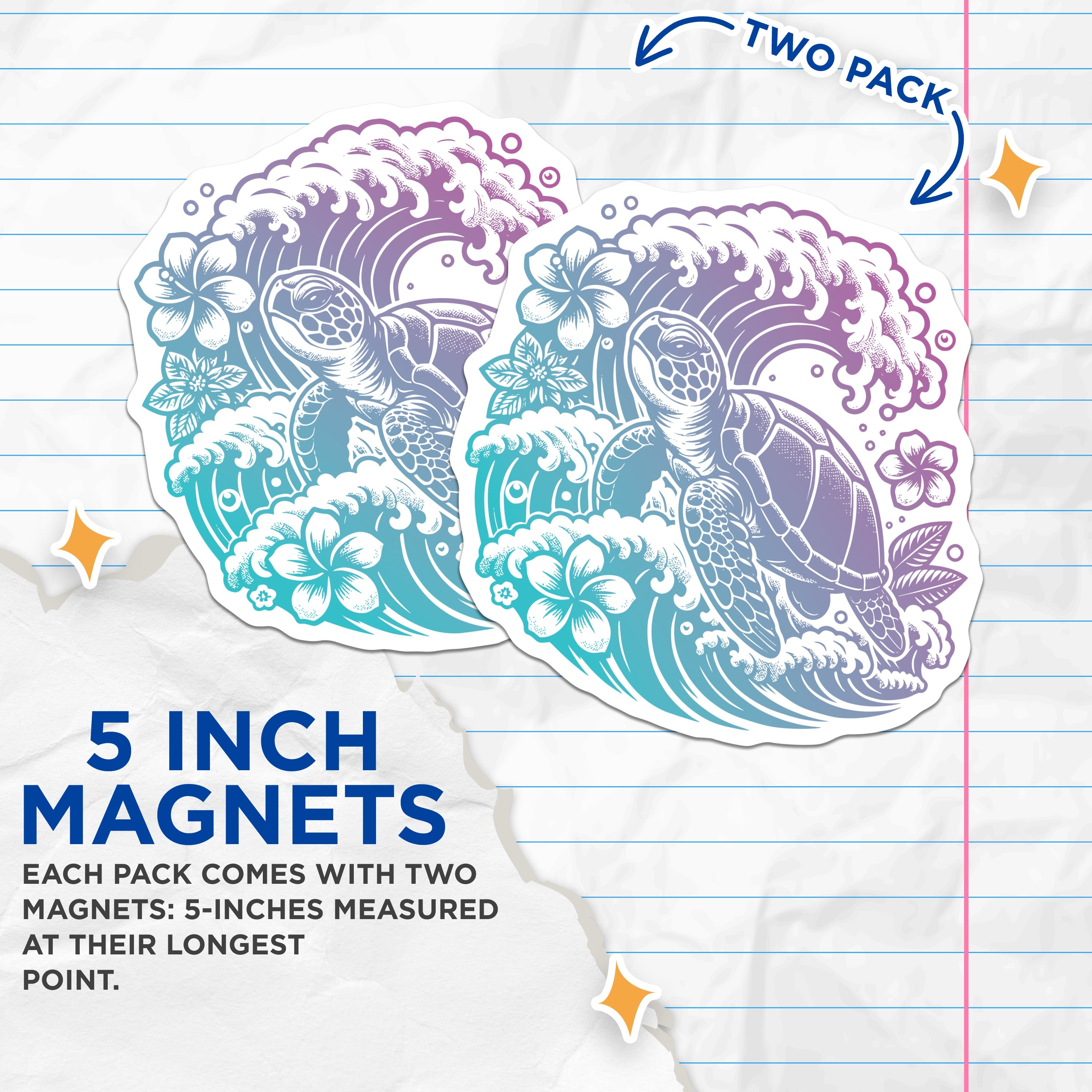 (2 Pack) Sea Turtle Ocean Wave Magnets - Tropical Hawaiian Flower - Beach Lover Nature Aesthetic - Ocean Life Refrigerator Decor - 5" - Thick Durable Magnet - Made in USA - MAG39911
