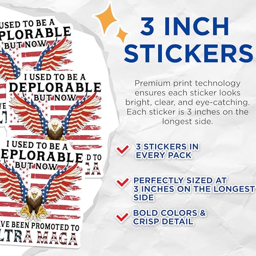(3 Pack) Ultra MAGA Decals - Deplorable Patriot - American Eagle Laptop Decal- 3 Inches On Longest Side - Easy Peel & Apply - Made in USA - 3MCS5080