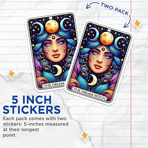 (2 Pack) Dream Witch Stickers - Mystical Art Stickers - Moon Goddess Stickers - 5" On Longest Side - Sticks to Smooth Flat Surfaces - Made in USA - BMCS5395
