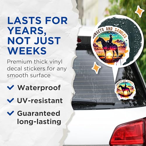 (2 Pack) Sunsets and Saddles Stickers - Cowboy Horse Silhouette - Western Sunset Art - 5" On Longest Side - Sticks to Smooth Flat Surfaces - Made in USA - BMCS6422