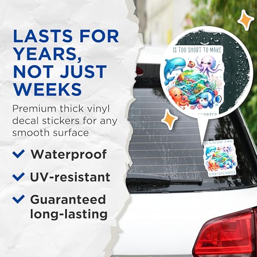 (2 Pack) Cute Ocean Life Stickers - Kawaii Marine Animals - Inspirational Quotes - 5" On Longest Side - Sticks to Smooth Flat Surfaces - Made in USA - BMCS7950