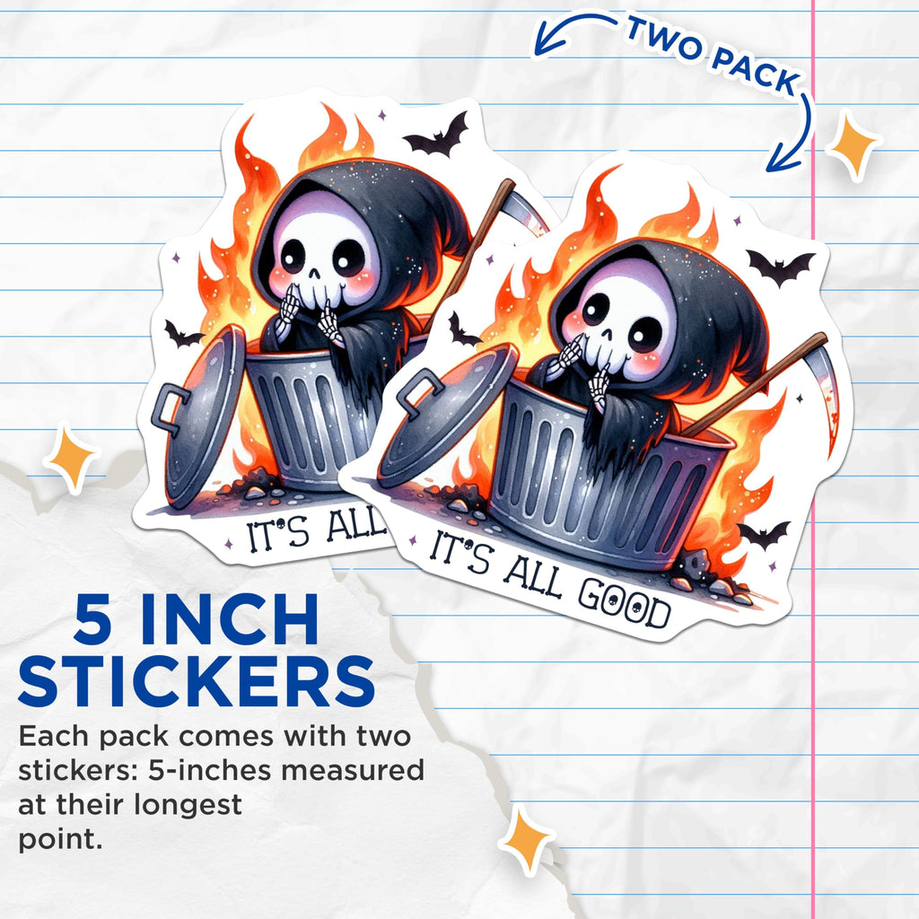 (2 Pack) Grim Reaper Stickers - Halloween Theme - Fun Decal for Laptops Water Bottles - 5" On Longest Side - Sticks to Smooth Flat Surfaces - Made in USA - BMCS6054