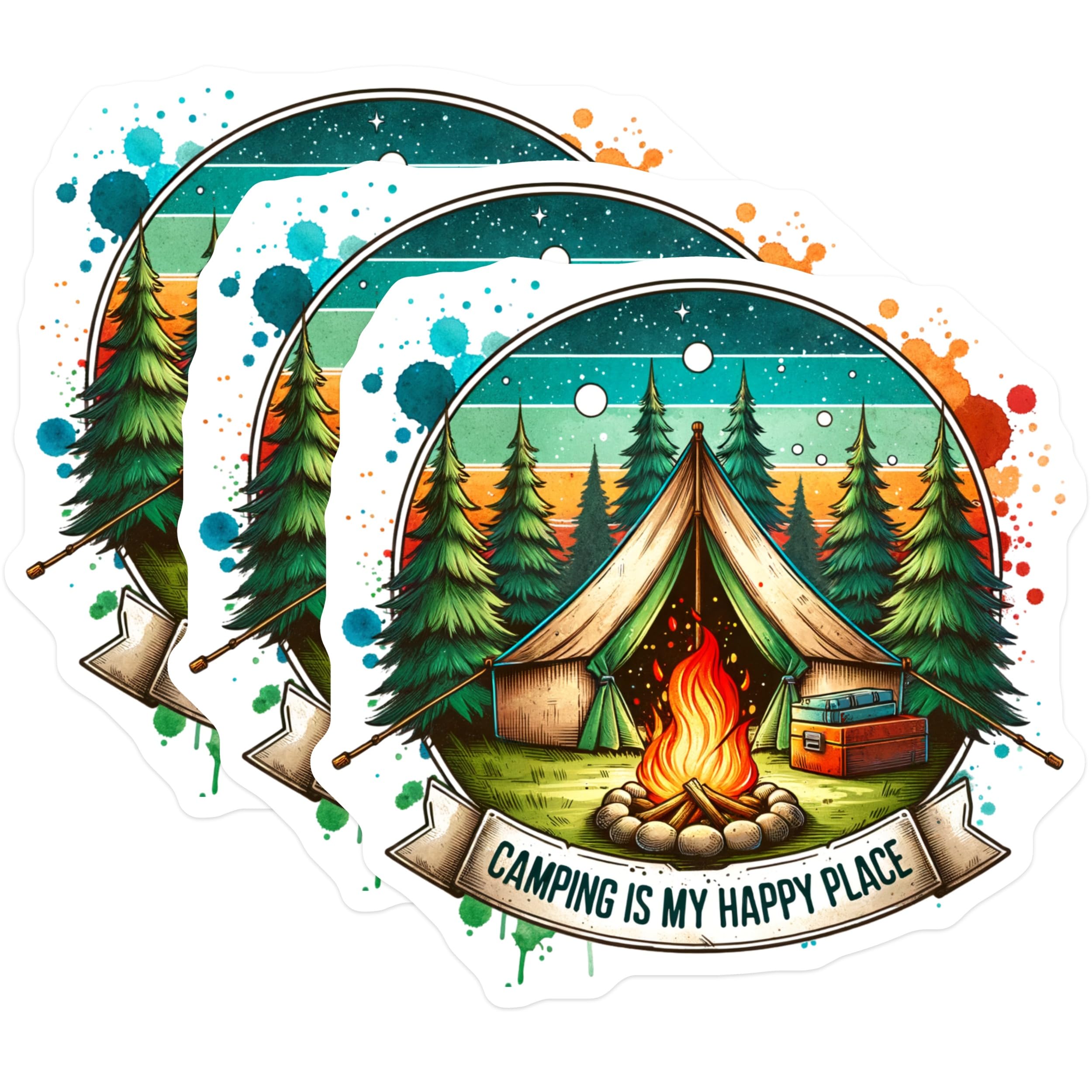 (3 Pack) Camping is My Happy Place Decals - Bonfire Tent - Outdoor Adventure- 3 Inches On Longest Side - Easy Peel & Apply - Made in USA - 3MCS5350