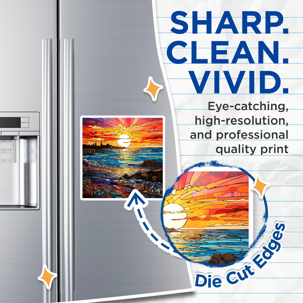 (2 Pack) Stained Glass Sunset Ocean Magnets - Vibrant Seascape Art - Coastal Home Decor Accents - 5 Inches On Longest Side - Thick Durable Magnet - Made in USA - MAG29769