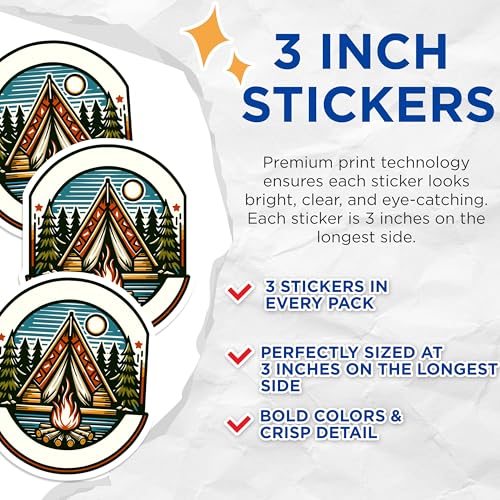 (3 Pack) Camping Scene Decals - Outdoor Adventure Stickers - Tent and Bonfire Art Decals- 3 Inches On Longest Side - Easy Peel & Apply - Made in USA - 3MCS5704